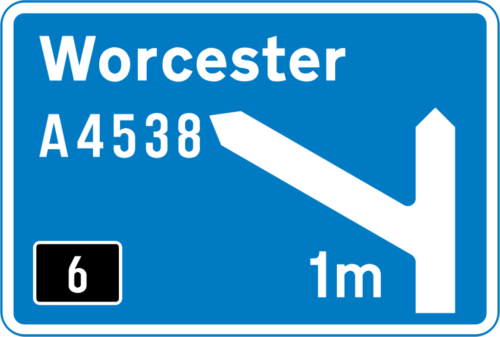 Recreation of a South-bound motorway sign showing the turn off to reach Worcester. (Junction 6 of the M5)